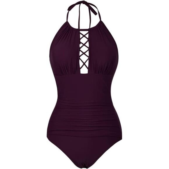 Women's High Neck Cutout One Piece Swimsuit Ruched Tummy Control Halter Swimwear - Picture 4 of 8